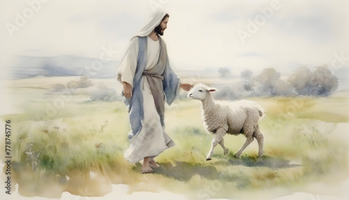 Watercolor painting of Jesus Christ walking with a lamb in an impressionist style.
