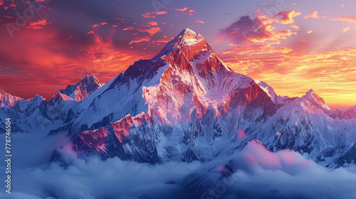 A majestic mountain peak at sunrise, with snow-covered peaks and vibrant red clouds in the sky, creating an awe-inspiring scene of nature's grandeur. Created with Ai © Creative Stock 