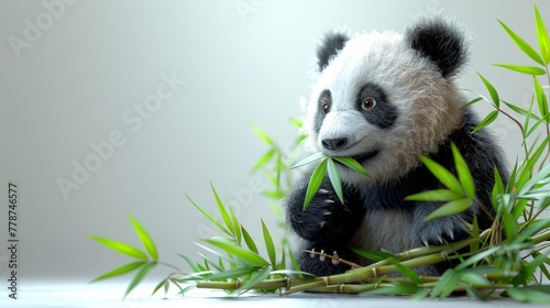 A lovable 3D cartoon panda clumsily eating bamboo, photo