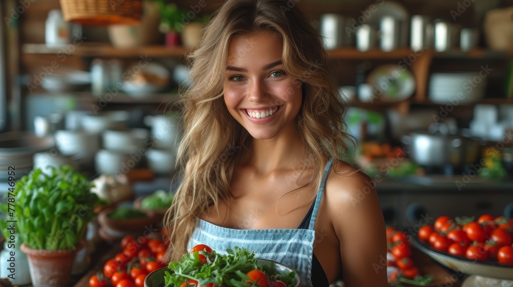 a woman standing in front of a counter with a plate of tomatoes and lettuce in front of her.