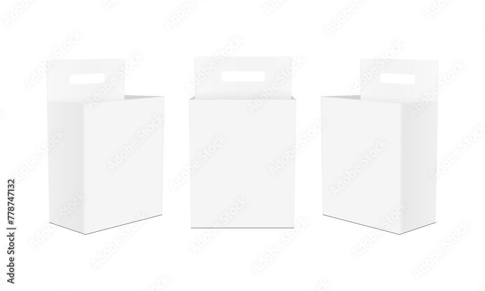 Three Rectangular Opened Boxes With Handle, Front And Side View, Isolated On White Background. Vector Illustration Three Rectangular Opened Boxes With Handle, Front And Side View, Isolated On White Background. Vector Illustration