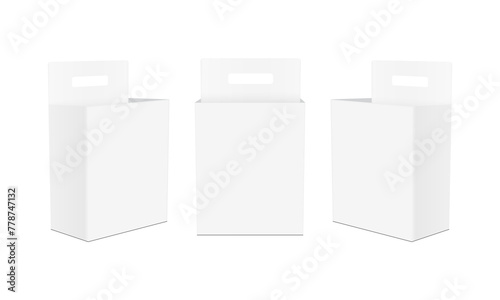Three Rectangular Opened Boxes With Handle, Front And Side View, Isolated On White Background. Vector Illustration