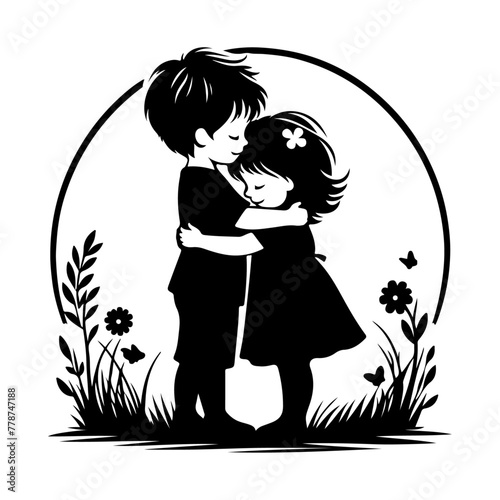 minimalist Happy siblings Children with backpacks going to the school vector black color silhouette 55