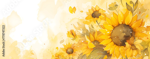 Beautiful yellow sunflowers watercolor style illustration over white backdrop. greeting card floral artistic template. Empty copy space for text. #778747322
