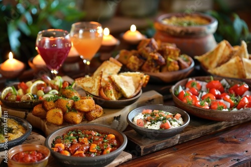 Assorted Mediterranean tapas with drinks and candles