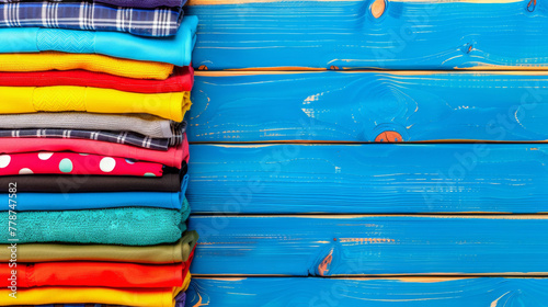 A pile of colorful clothes on a wooden surface. The clothes are arranged in a way that they are stacked on top of each other, creating a colorful and vibrant display. Concept of organization and order photo