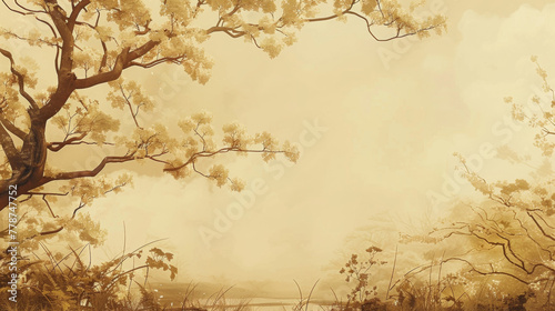 A tree with branches and leaves is the main focus of the image. The background is a mix of trees and bushes, creating a natural and serene atmosphere. Scene is peaceful and calming