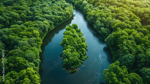 Aerial photo of meandering river in dense forest. Natural beauty.