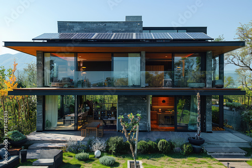 Modern two-story villa with large glass windows  black steel frame structure and exterior walls made of dark gray wood sheathing on the mountain. Created with Ai