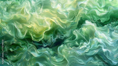  A painting featuring vibrant swirls of green and yellow against a backdrop of deep blue and green, with white swirls on the left side