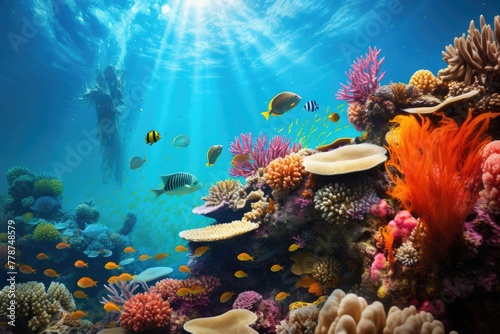 A vibrant coral reef with diverse marine life, AI generated image