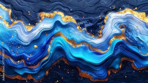   A painting featuring a mix of blue and gold swirls against a deep blue and gold background, adorned with gold specks photo