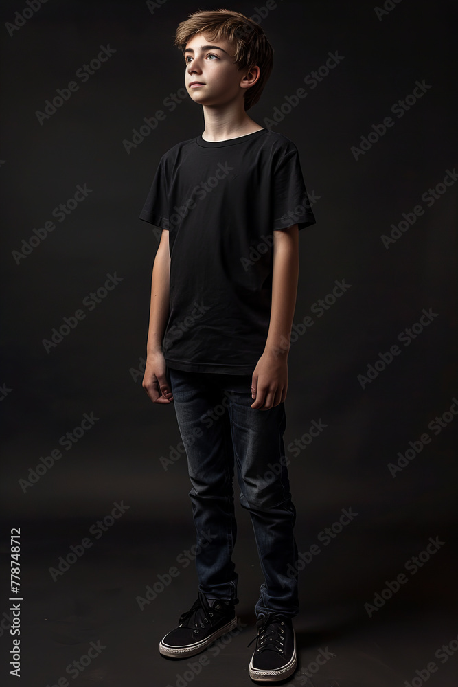 Contemplative Young Teenager Gazing Forward in a Dark Studio: Inspirational Banner Contemplative Young Teenager Gazing Forward in a Dark Studio: Inspirational Banner
