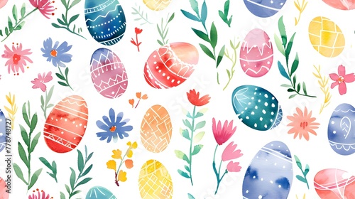 Watercolor Easter Eggs Spring Flowers Background Seamless Pattern