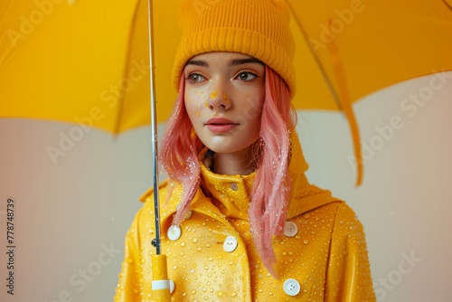 Serene portrait of a young woman clad in yellow rainwear under an umbrella photo