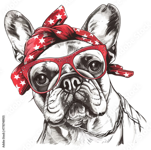 French Bulldog dog with a red glasses and red headband
