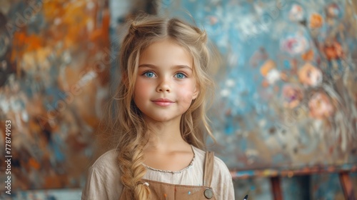 a little girl with long blonde hair and blue eyes is standing in front of a painting and looking at the camera.