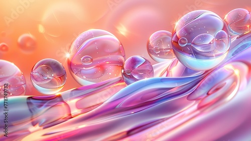 A collection of foam globes bobbing on top of the liquid surface against an orange-pink backdrop