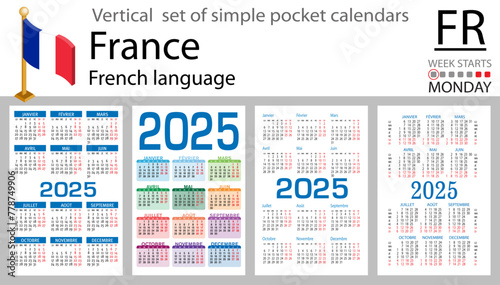 French vertical set of pocket calendar for 2025. Week starts Monday