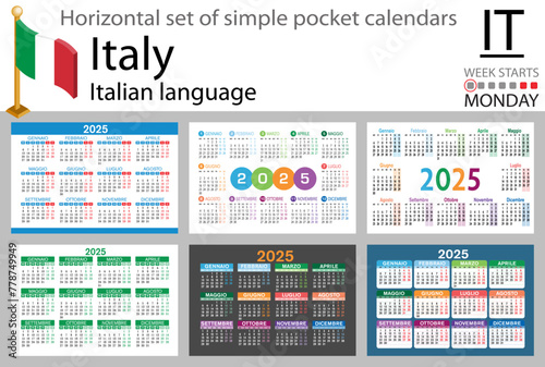 Italian horizontal set of pocket calendar for 2025. Week starts Monday