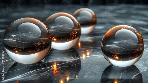  A cluster of marbled orbs perched atop a marble slab adjacent to a monochromatic marble surface
