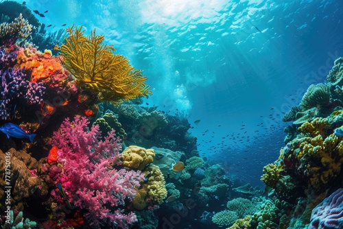 A vibrant underwater scene capturing the Great Barrier Reef in Australia --ar 3:2 --v 6 Job ID: 185f895e-0743-4b80-b583-c72e614f90a4