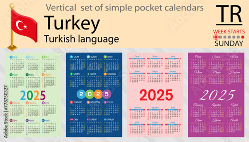 Turkish vertical set of pocket calendar for 2025. Week starts Sunday