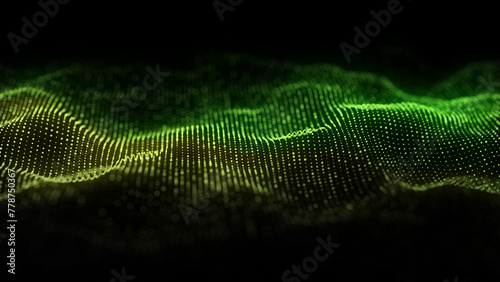 Dynamic green wave of particles. Abstract futuristic background. Big data visualization. 3D rendering.