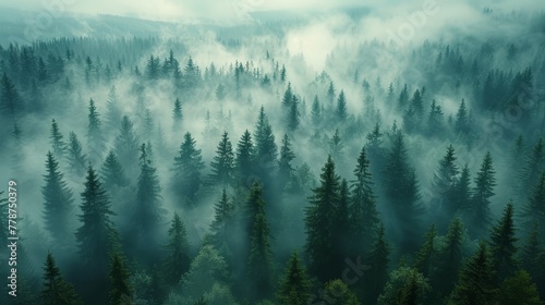  A dense forest brimming with towering trees cloaked in thick fog and hazy clouds during a misty day