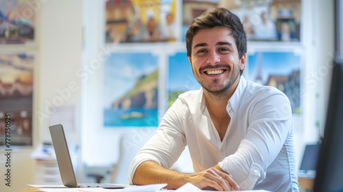 Smiling Man Working in a Travel Agency. Summer Vacation Concept. Generative AI.
