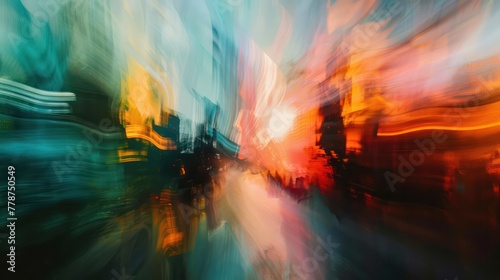 A blurry image of a cityscape with a bright orange sun in the background