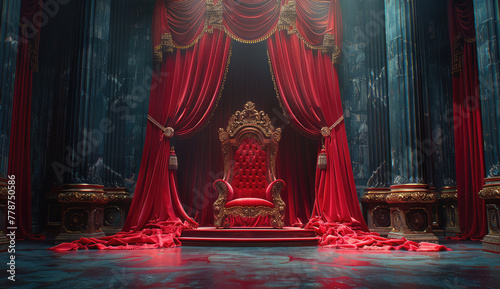 Red velvet curtain in a throne room with a crown on the chair, in the fantasy style of game art design. Created with Ai photo