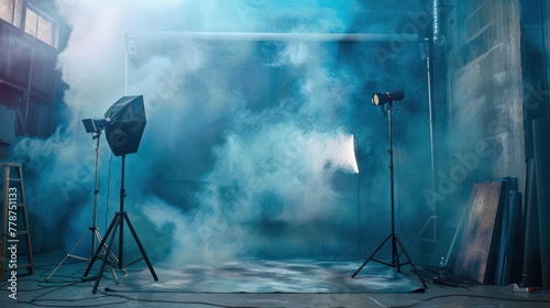A studio with two lighting stands and a lot of smoke