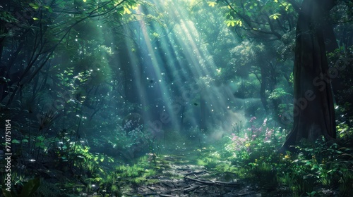 A forest with sunlight shining through the trees