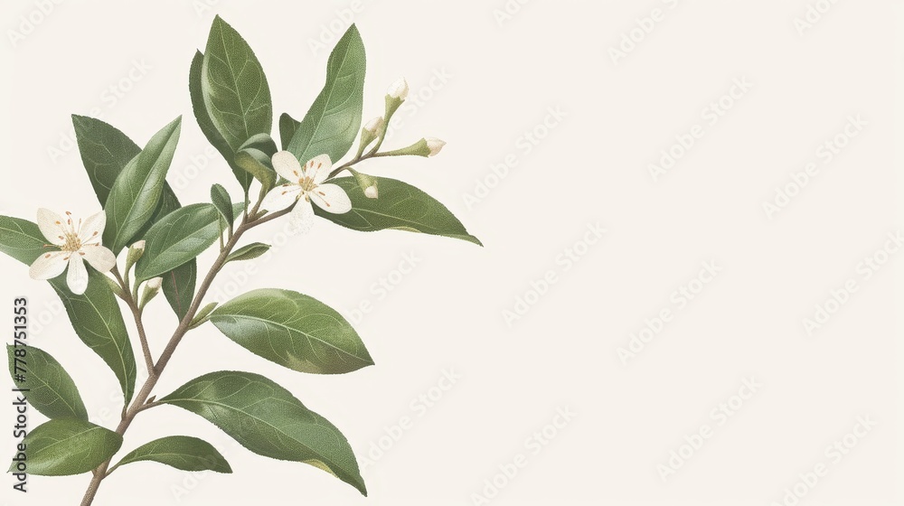 White flowers on a green leafy tree against a white background, with space for text White flowers on a green leafy tree against a white background, with space for text
