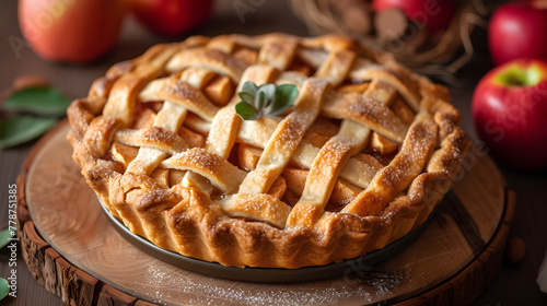 Apple pie on a wooden stand against the backdrop of an apple harvest. Concept template for advertising autumn, harvest, restaurant and menu, home holidays.