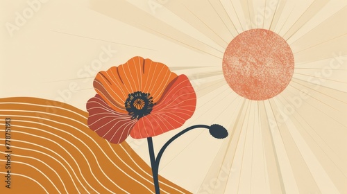   An orange and red flower painting on a beige background with a sunburst