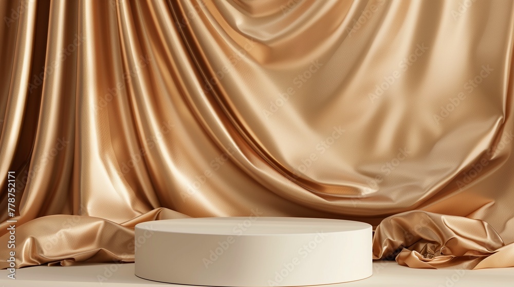 Pristine white podium against a background of luxurious gold satin fabric. The refined combination suggests elegance and premium quality, suitable for showcasing high-end products or cosmetics. Pristine white podium against a background of luxurious gold satin fabric. The refined combination suggests elegance and premium quality, suitable for showcasing high-end products or cosmetics.