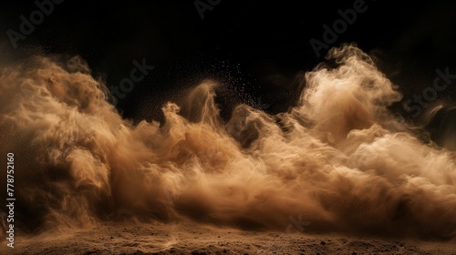 Intense dust cloud rising from the ground, resembling a sandstorm in the desert. The dynamic movement of particles creates a realistic effect of flying dirt and soil