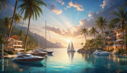 A breathtaking digital artwork of a tranquil tropical marina with luxury yachts moored in calm waters, palm trees, and a beautiful sunset in the background.. AI Generation