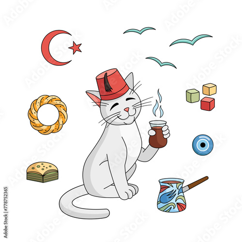 Turkish attributes set - Cezve, tea cup, baklava, bagel, star and crescent, angora cat, delight, amulet, seagull, fez. Vector collection. Turkish angora cat character with Turkish cup of tea.