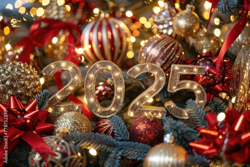 Festive 2025 numerals amidst Christmas decorations with warm golden tones