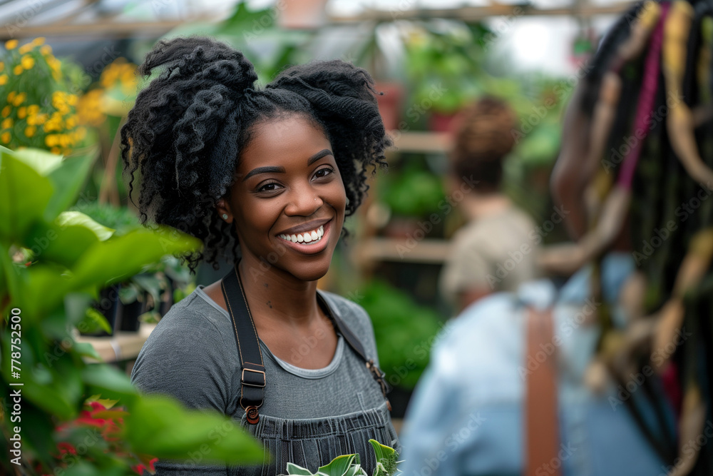 Smiling Black Woman Afro Talking Customers in Garden Center, Business, Diversity, Happiness, Smiling Black Woman Afro Talking Customers in Garden Center, Business, Diversity, Happiness,