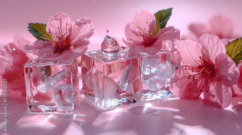A pair of glass blocks adjoining, each with a pink bloom centered A pair of glass blocks adjoining, each with a pink bloom centered