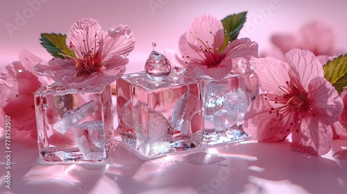  A pair of glass blocks adjoining, each with a pink bloom centered