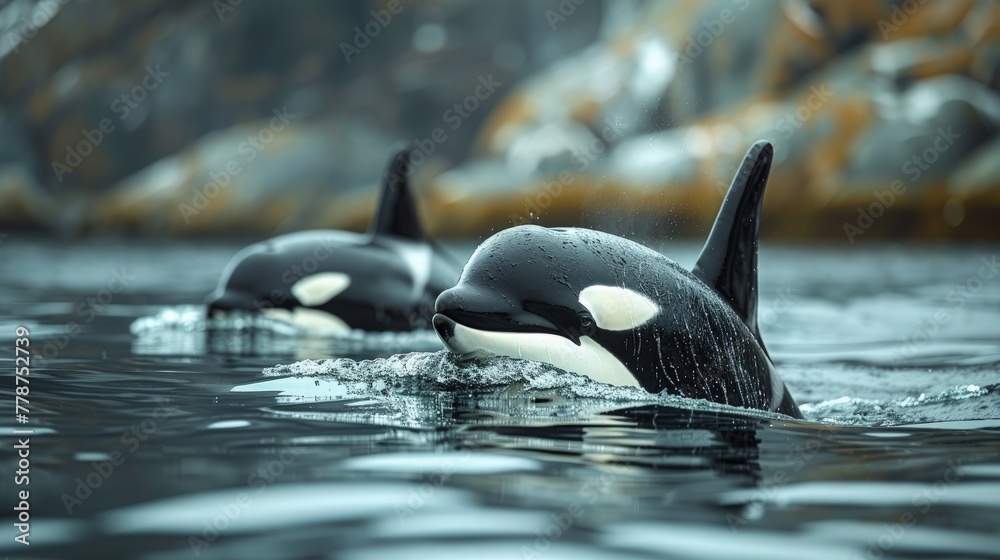 Captivating photo of a family of killer whales swimming together in calm waters. Extraordinary Creatures.