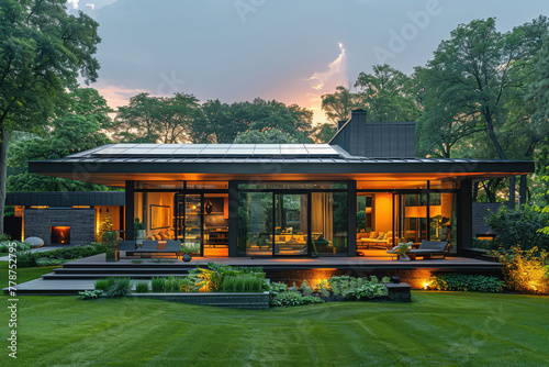 A modernist house with large windows and an open concept living space, surrounded by lush green grass at dusk. Created with Ai photo