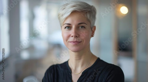 A woman with a short blonde hairstyle and a serene look poses in a black blouse against an office backdrop