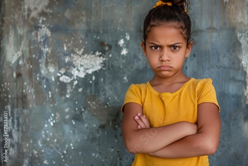 A young girl with a stern look and arms crossed standing against a textured wall