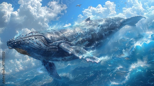 A huge, amazing whale hovers above the clouds. Fictional photo. © pengedarseni